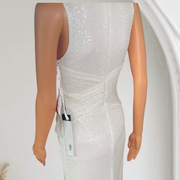 NWT Mac DUGGAL 26598 White Sequin Sheath High Leg Slit Fitted Gown Dress Size 0 - Picture 6 of 10